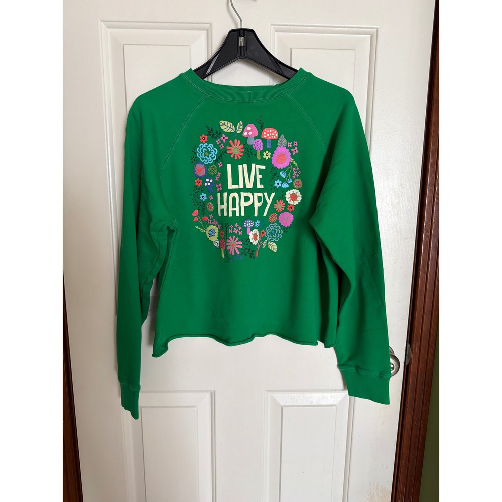 Natural Life Live Happy Green Cropped Sweatshirt Heavy Jersey Raglan XL